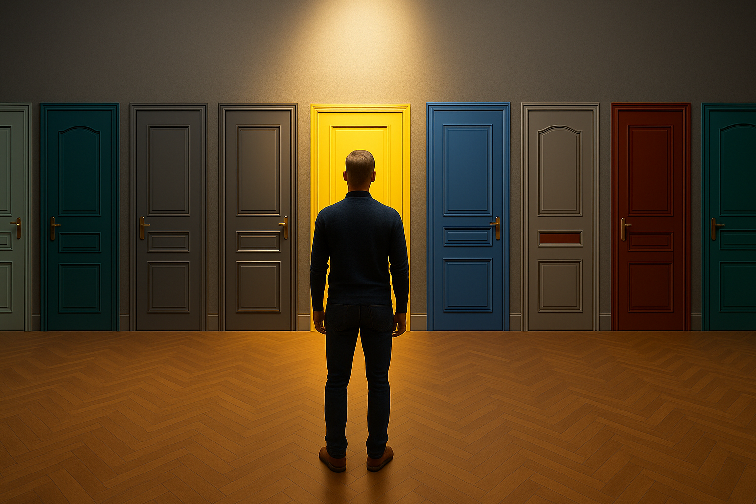 Brand Intuition. A man in front of several doors with one in the spotlight as if to indicate that is the intuitive choice.